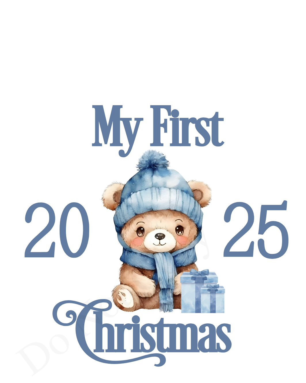 UV-DTF Transfer - Blue Bear My First Christmas design for Woodform 10cm tall bauble