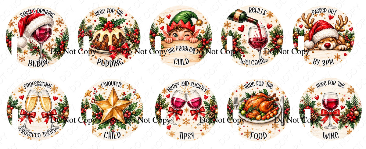 UV-DTF Transfer - Christmas Wine Glass Charm Transfers - Pack of 10