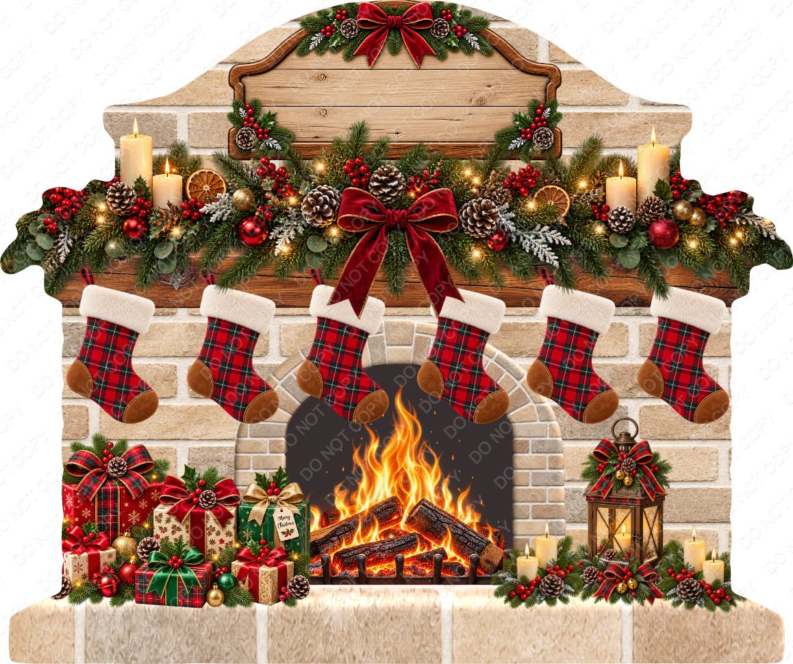 UV-DTF Transfer - Bespoke Christmas Fireplace with Custom Number of Stockings & Family Name