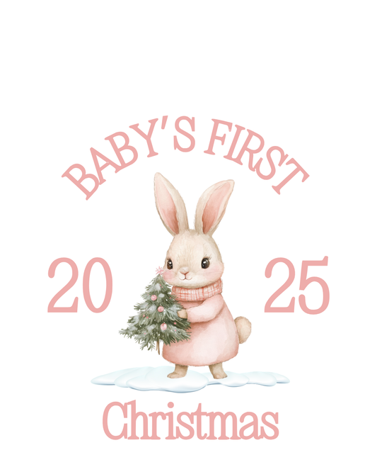 UV-DTF Transfer - Pink Bunny Baby's First Christmas design for Woodform 10cm tall bauble