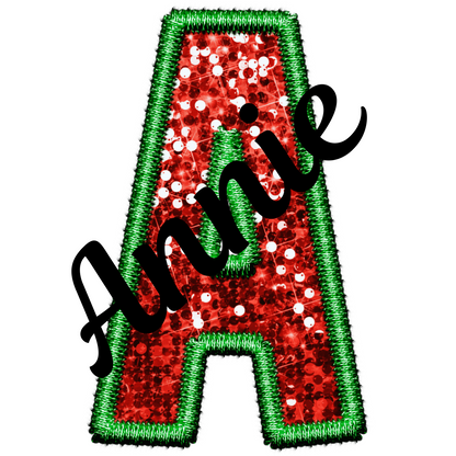 DTF Transfer - Green and Red Embroidery Style Glitter Alphabet for Christmas Sacks Bespoke for you to add a Name
