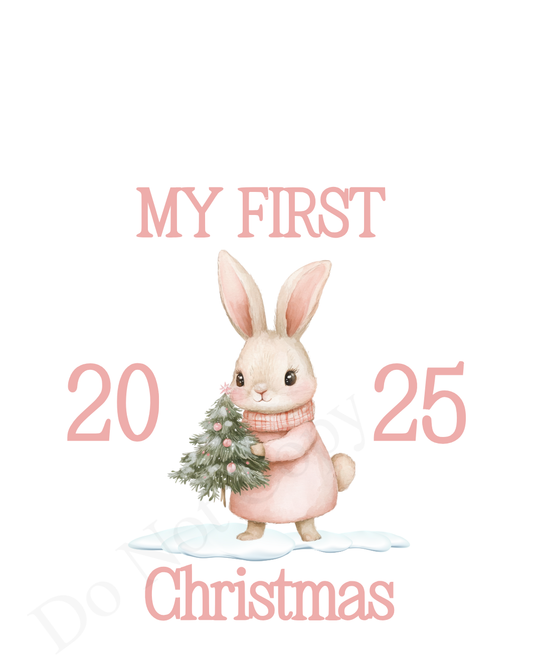UV-DTF Transfer - Pink Bunny My First Christmas design for Woodform 10cm tall bauble