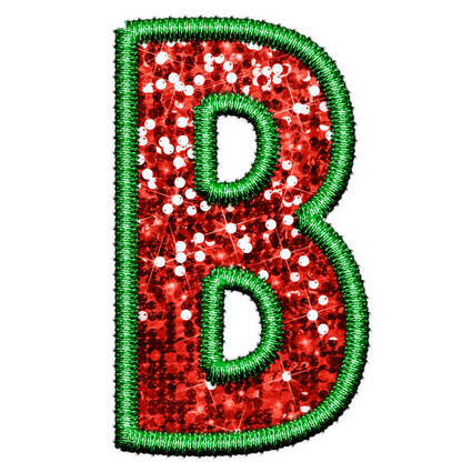 DTF Transfer - Green and Red Embroidery Style Glitter Alphabet for Christmas Sacks Bespoke for you to add a Name