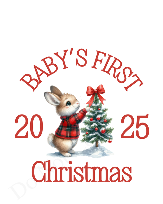 UV-DTF Transfer - Red Bunny Baby's First Christmas design for Woodform 10cm tall bauble