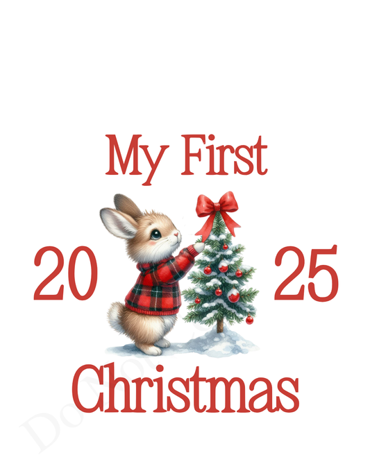 UV-DTF Transfer - Red Bunny My First Christmas design for Woodform 10cm tall bauble