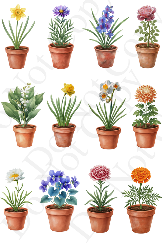 UV-DTF Transfer - Sheet of flowers in pots for mothers day crafts etc.