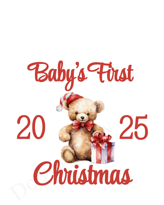 UV-DTF Transfer - Red Bear Baby's First Christmas design for Woodform 10cm tall bauble