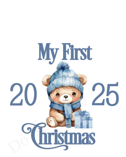UV-DTF Transfer - Blue Bear My First Christmas design for Woodform 10cm tall bauble