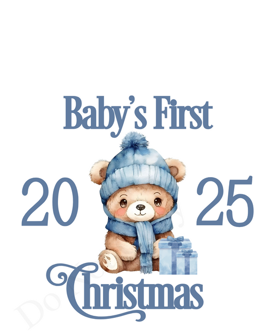 UV-DTF Transfer - Blue Bear Baby's First Christmas design for Woodform 10cm tall bauble