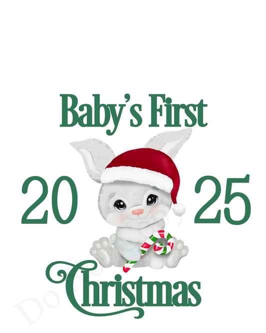 UV-DTF Transfer - Grey Rabbit Baby's First Christmas design for Woodform 10cm tall bauble