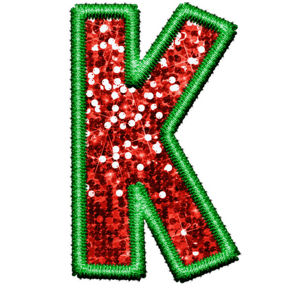 DTF Transfer - Green and Red Embroidery Style Glitter Alphabet for Christmas Sacks Bespoke for you to add a Name