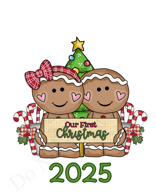 UV-DTF Transfer - Cute retro gingerbread Our First Christmas for Woodform 10cm tall baubles