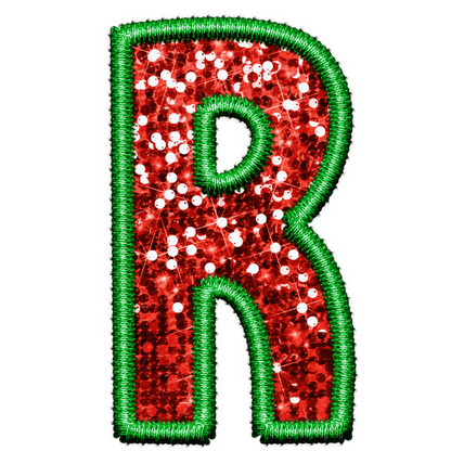 DTF Transfer - Green and Red Embroidery Style Glitter Alphabet for Christmas Sacks Bespoke for you to add a Name