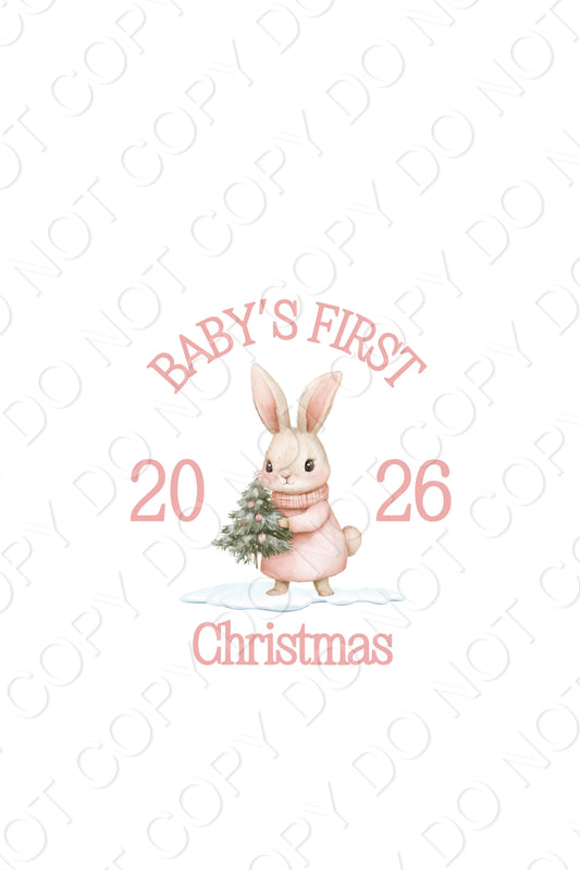 UV-DTF Transfer - Pink Bunny Baby's First Christmas design for Woodform and Craft Shapes Direct  10cm tall bauble