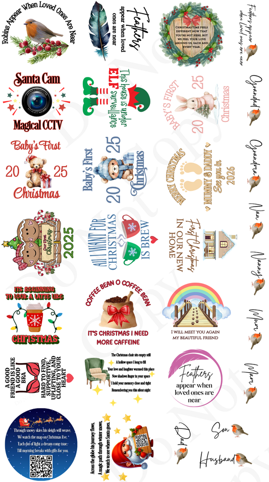 UV-DTF Transfer - Multipack sheet of Christmas bauble and feather designs. 30 items.