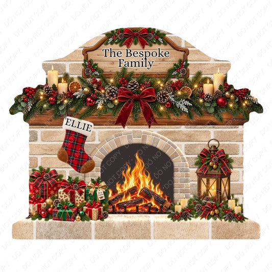 UV-DTF Transfer - Bespoke Christmas Fireplace with Custom Number of Stockings & Family Name