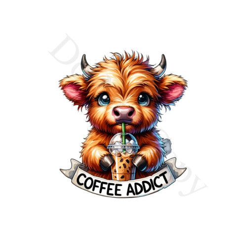 UV-DTF Transfer for 5cm Circular Keyring - Coffee Addict Highland Cow Design