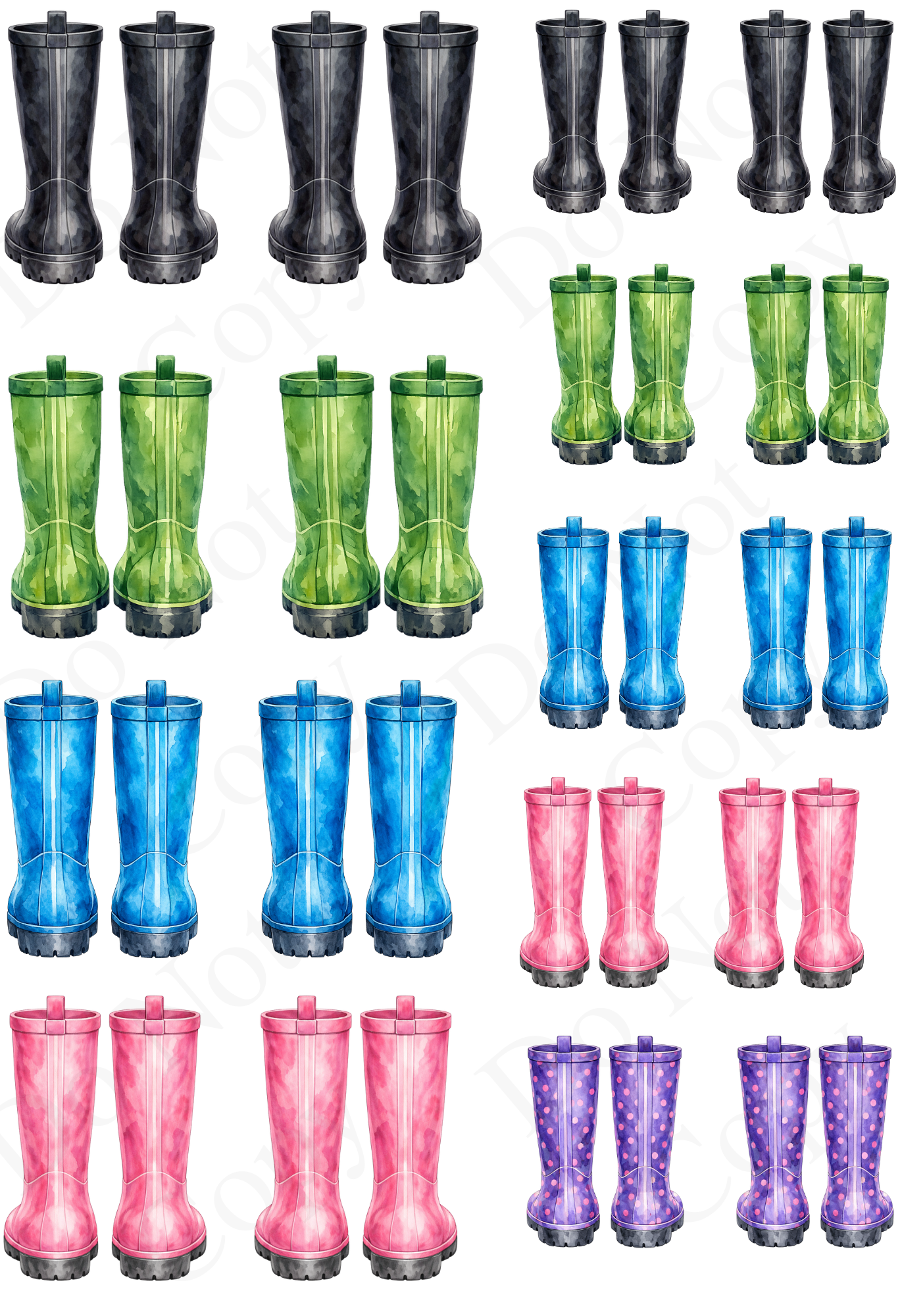 UV-DTF Transfer - Sheet of multicoloured Welly Boots with a mix of sizes.