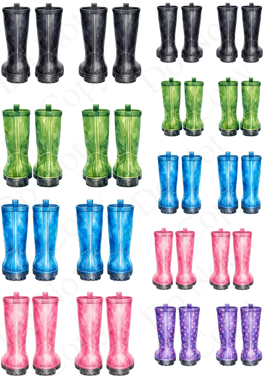 UV-DTF Transfer - Sheet of multicoloured Welly Boots with a mix of sizes.