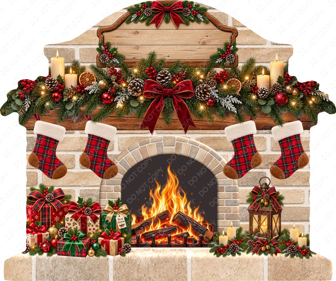 UV-DTF Transfer - Bespoke Christmas Fireplace with Custom Number of Stockings & Family Name