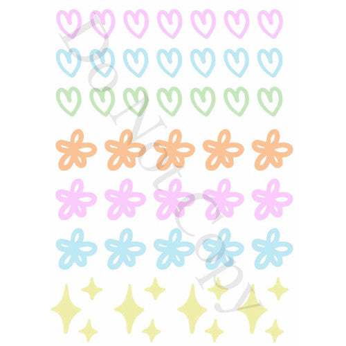 Style 1 - Mixed Pastel Hearts Flowers and Stars Sheet of Mix and Match UV-DTF Designs