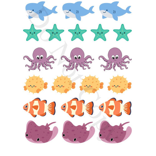 Style 24 - Mixed Cartoon Sea Creatures Sheet of Mix and Match UV-DTF Designs