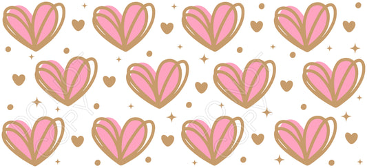 UV-DTF Transfer Suitable for 16oz Cold Cups - Pink/Gold Line Art Hearts