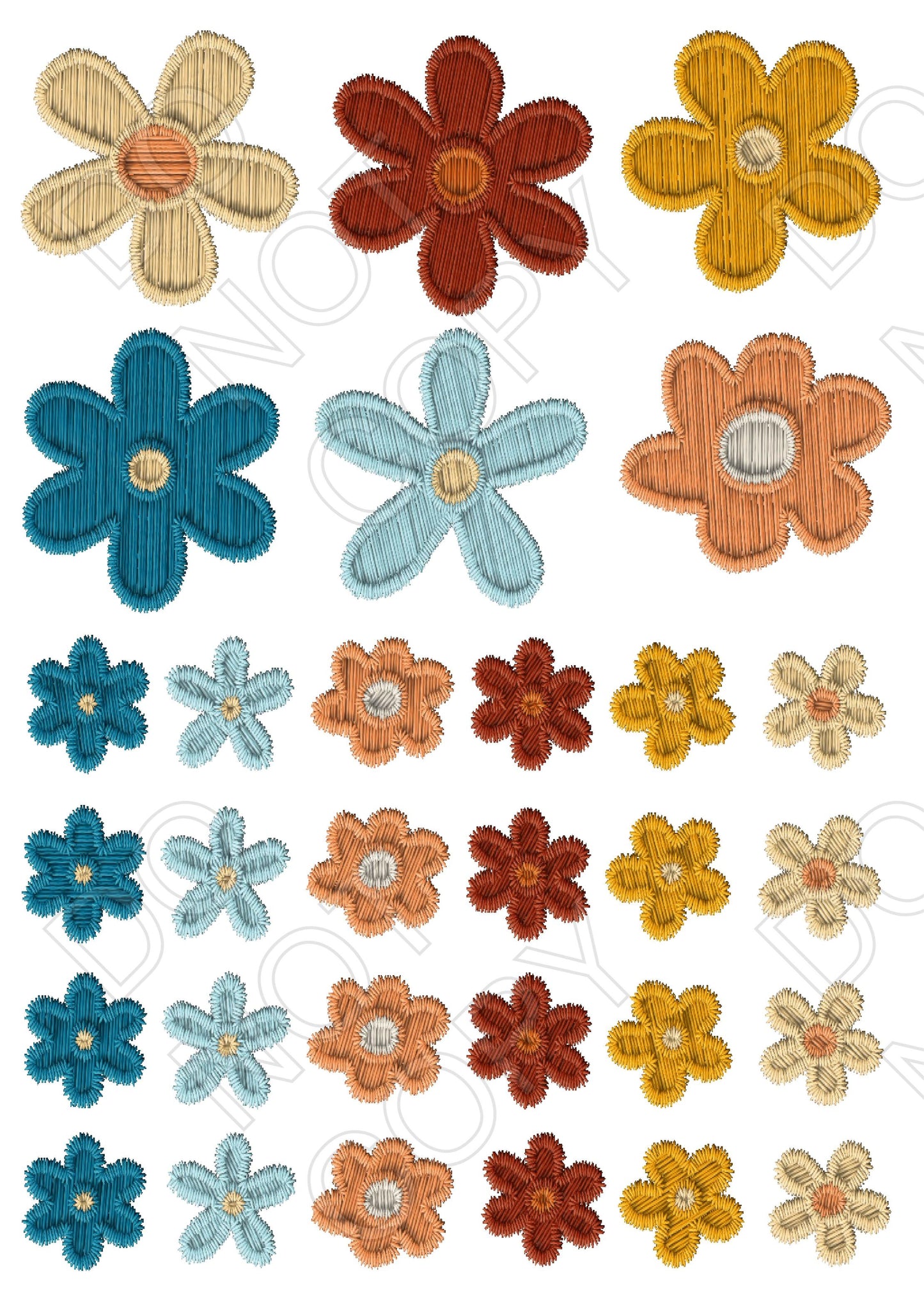 Style 81 - Groovy Embroidery Flowers Sheet of Mix and Match UV-DTF Designs