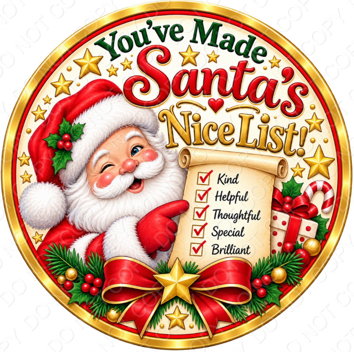 UV-DTF Transfer - Santa Nice list for Woodform Bauble Style 1